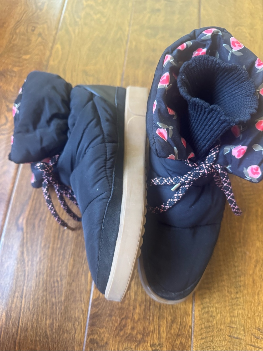 Kate Spade Black Winter Puff Boots with Pink Floral Trim Size 9